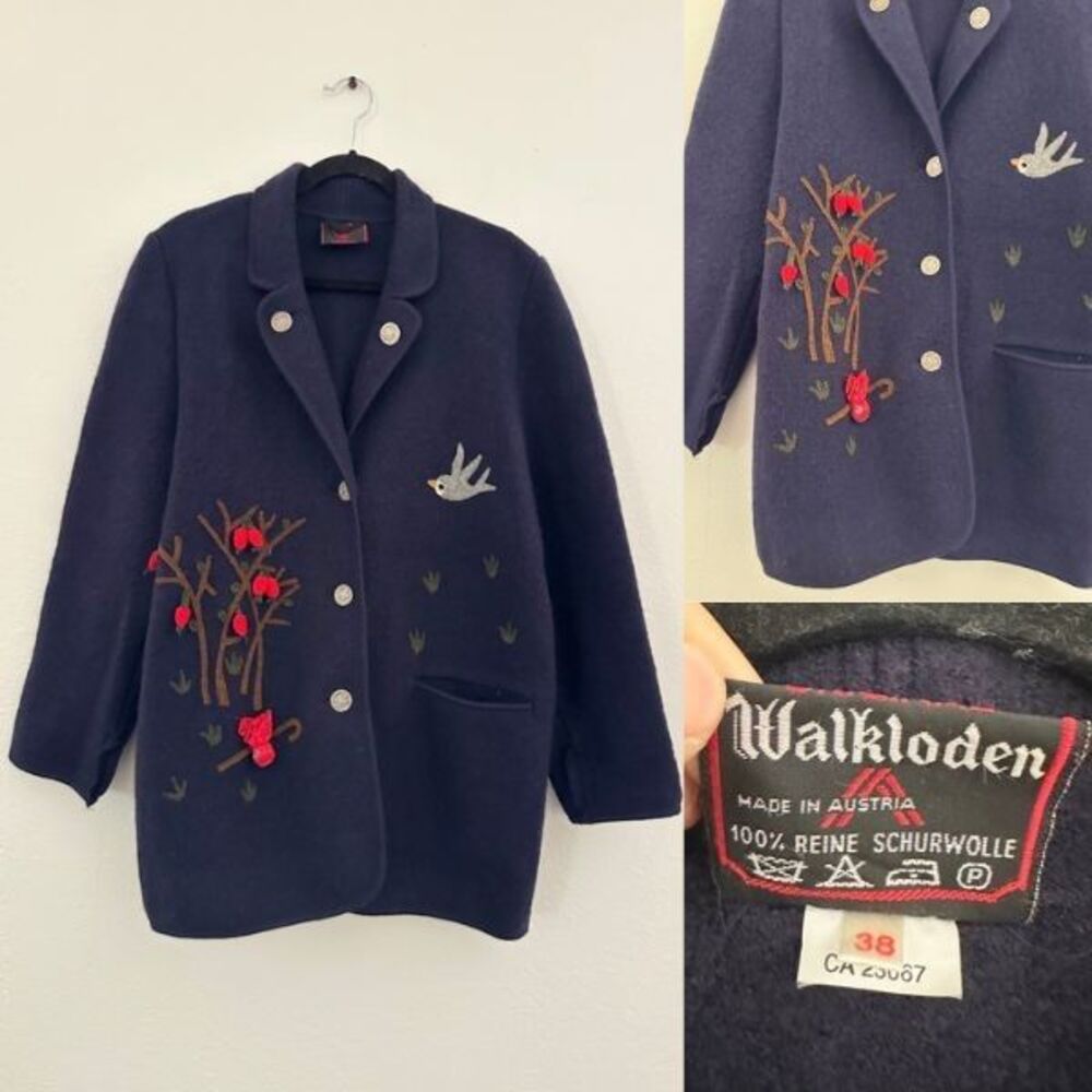 Walkloden Austria Pure Virgin Wool Fleece Applique Bird Flower Navy Blue Sz 38 M